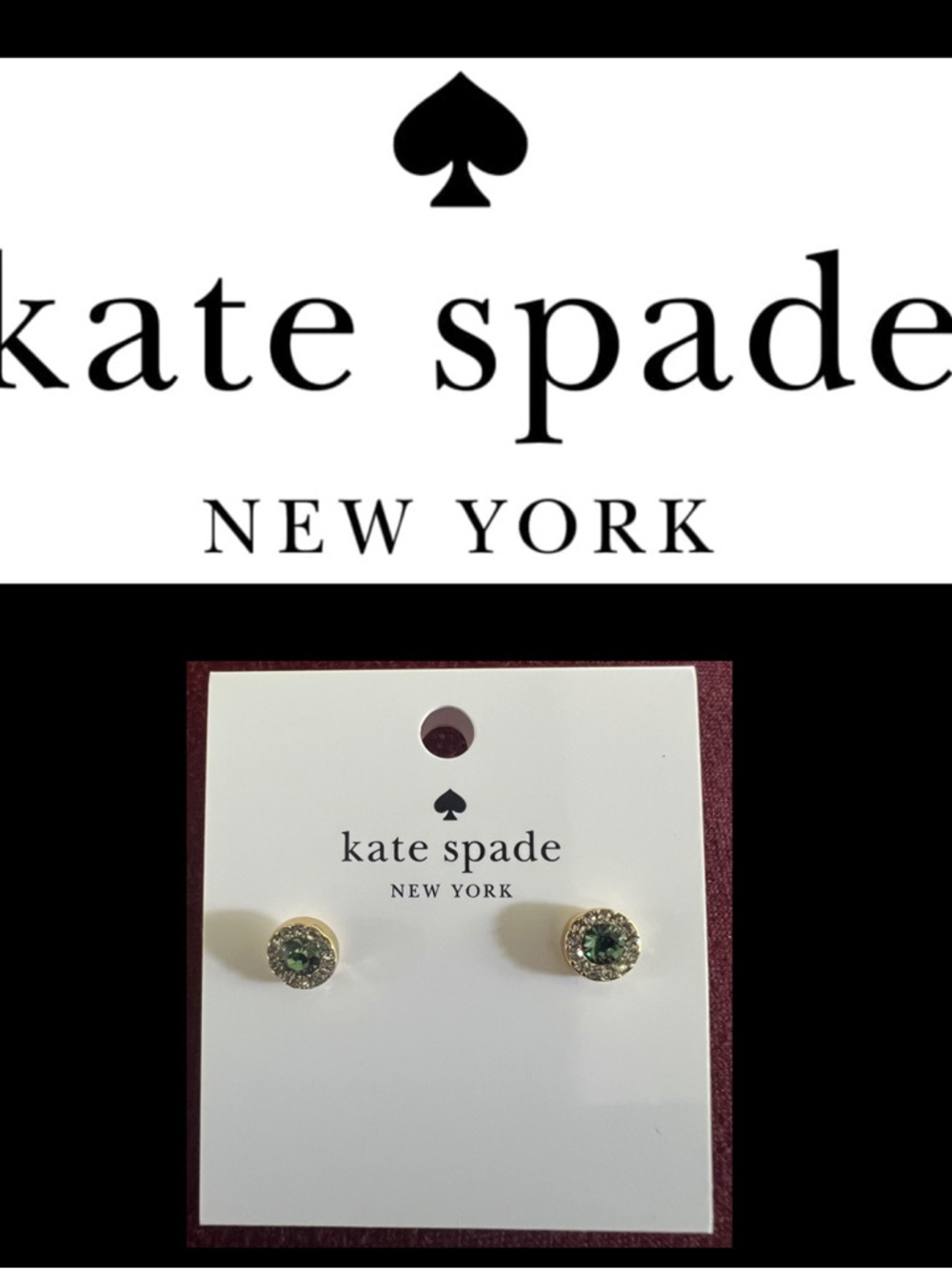 KATE SPADE ♠️ PAVE HALO STUD gold-tone earrings with green crystal centers